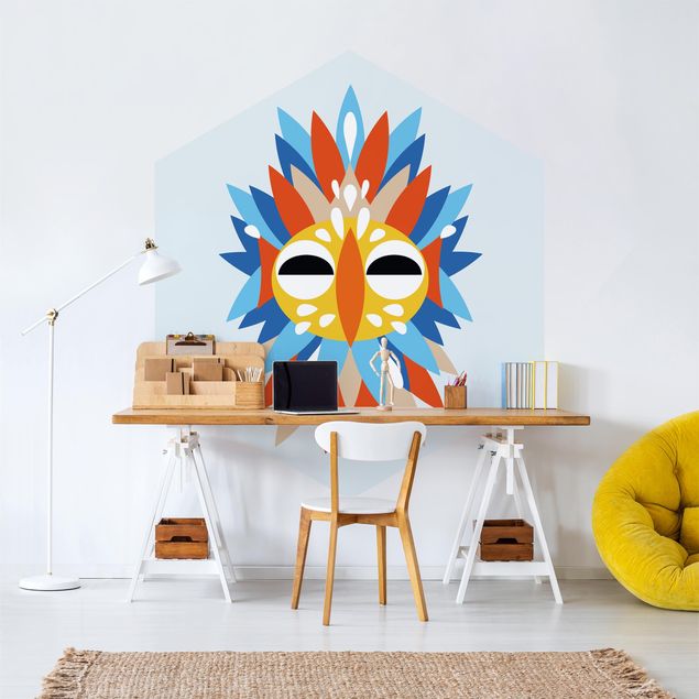 Hexagon Behang Collage Ethnic Mask - Parrot