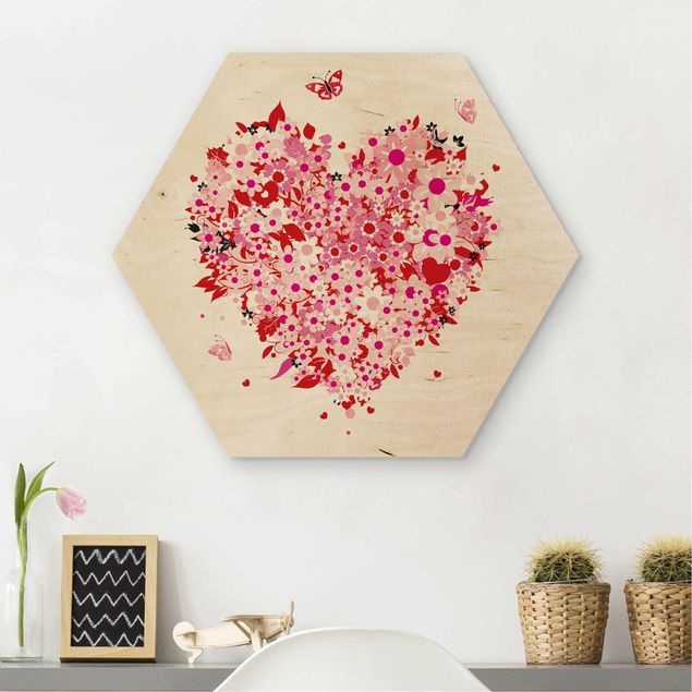 Hexagons houten schilderijen Floral Retro Heart