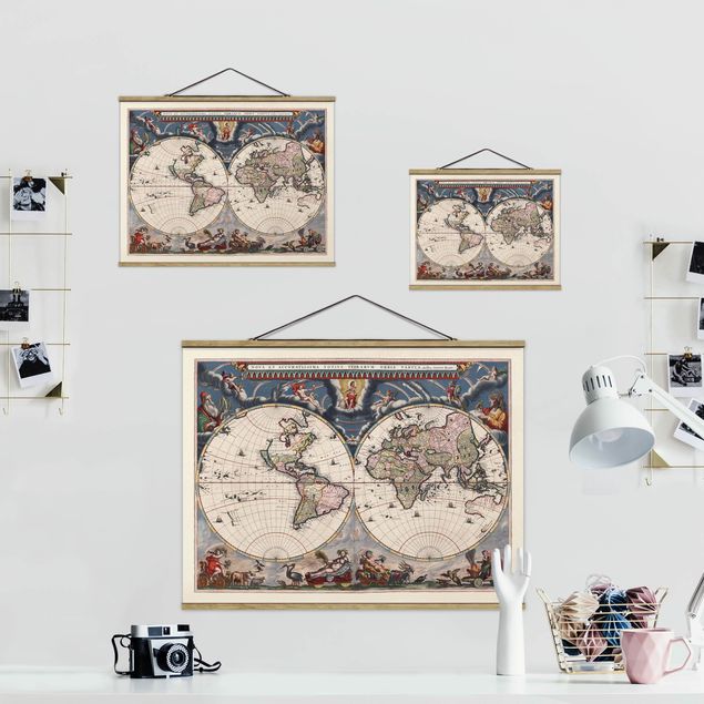 Stoffen schilderij met posterlijst Historic World Map Nova Et Accuratissima Of 1664