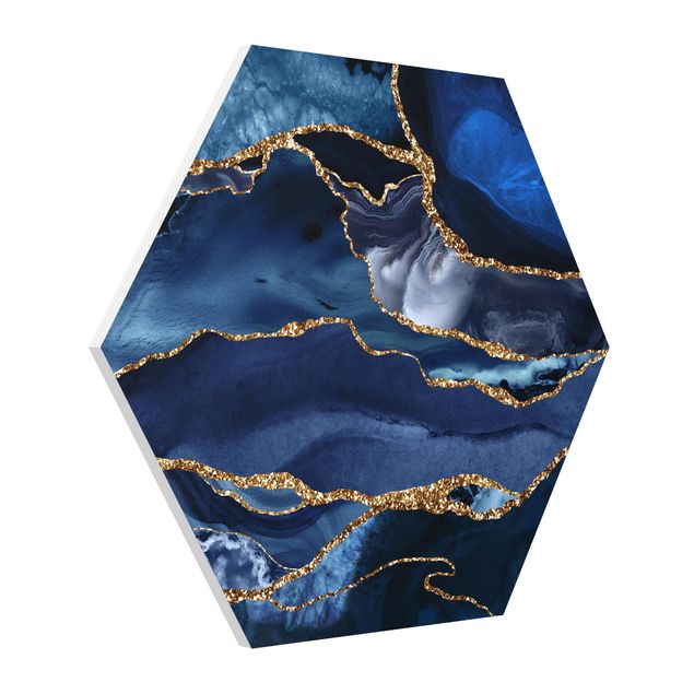 Hexagons Forex schilderijen Golden Glitter Waves In Front Of Blue