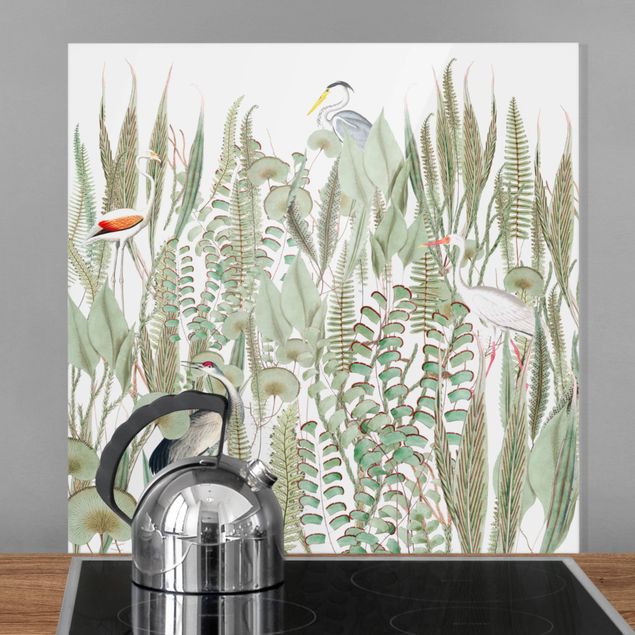 Spatscherm keuken Flamingo And Stork With Plants