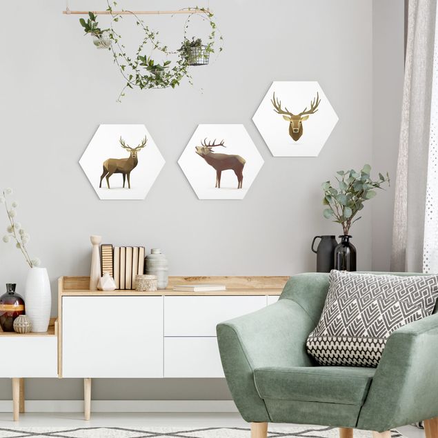 Hexagons Aluminium Dibond schilderijen - 3-delig Poligon Deer Collection