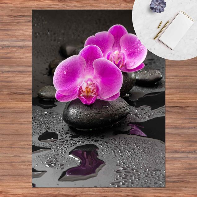 moderne vloerkleden Pink Orchid Flower On Stones With Drops