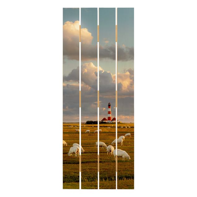 Houten schilderijen op plank North Sea Lighthouse With Flock Of Sheep