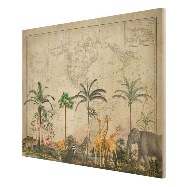 Houten schilderijen Vintage Collage - Wildlife On World Map