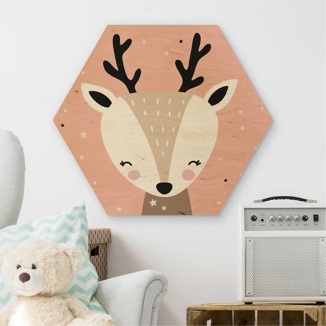 Hexagons houten schilderijen Happy Deer