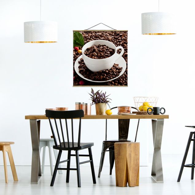 Stoffen schilderij met posterlijst Coffee Cup With Roasted Coffee Beans