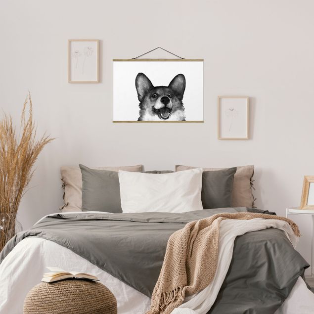Stoffen schilderij met posterlijst Illustration Dog Corgi Black And White Painting