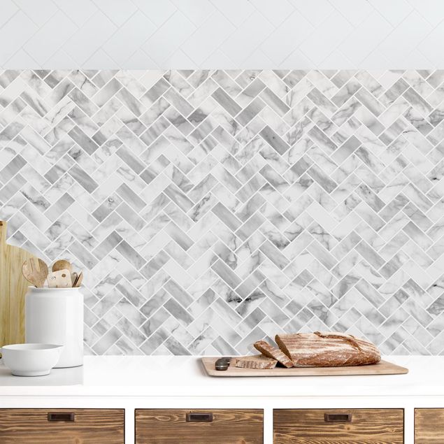 Achterwand voor keuken tegelmotief Marble Fish Bone Tiles - White