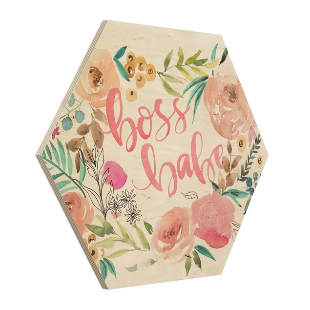 Hexagons houten schilderijen Pink Flowers - Boss Babe