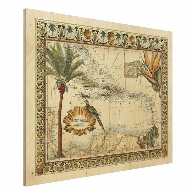 Houten schilderijen Vintage Tropical Map West Indies