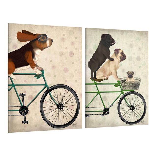 Canvas schilderijen - 2-delig  Cycling - Basset And Pugs Set I
