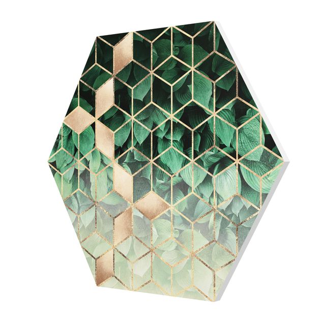 Hexagons Forex schilderijen Green Leaves Golden Geometry