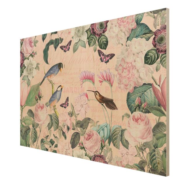 Houten schilderijen Vintage Collage - Roses And Birds