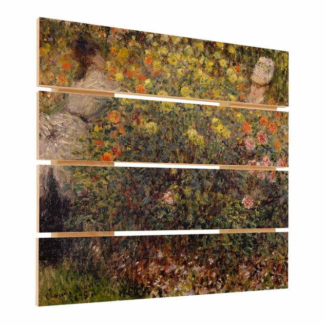 Houten schilderijen op plank Claude Monet - Two Ladies in the Flower Garden