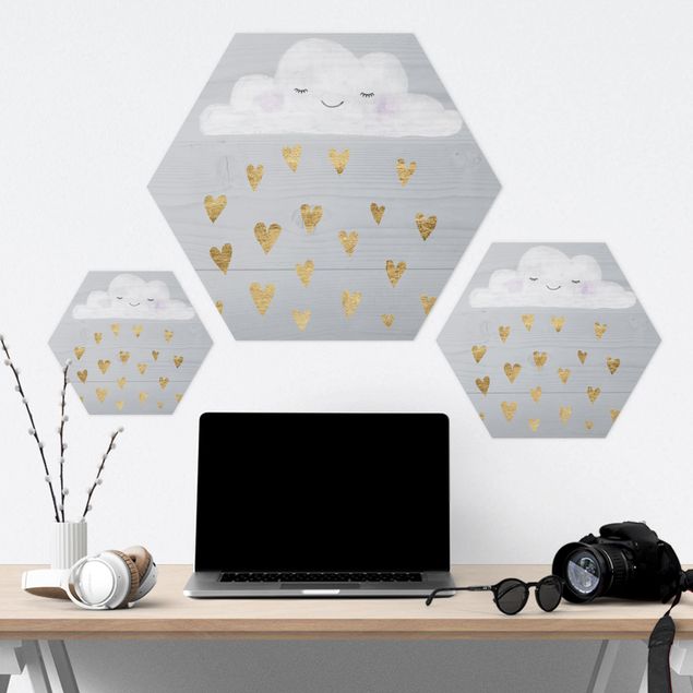 Hexagons Aluminium Dibond schilderijen Cloud With Golden Hearts