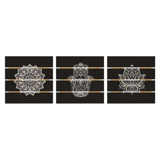 Houten schilderijen op plank - 3-delig Mandala Hamsa Hand Lotus Set On Black