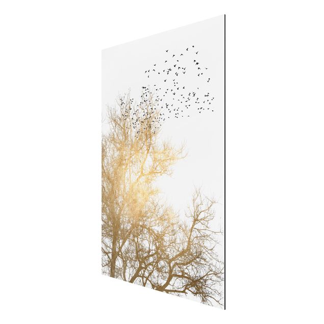 Aluminium Dibond schilderijen Flock Of Birds In Front Of Golden Tree