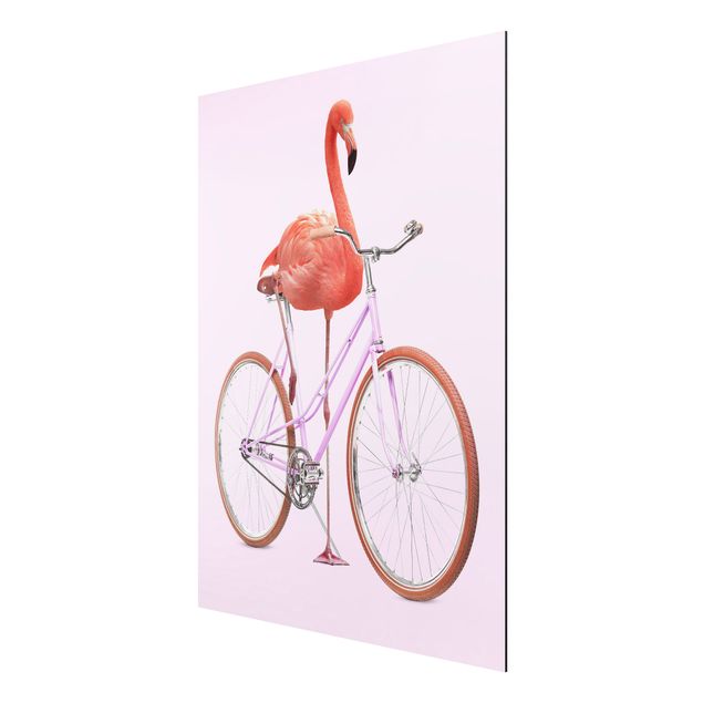Aluminium Dibond schilderijen Flamingo With Bicycle