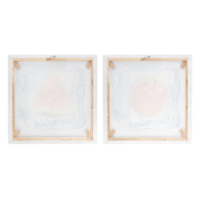 Canvas schilderijen - 2-delig  Strawberry and melon in the ice cube