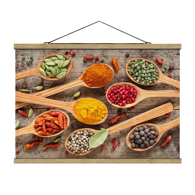 Stoffen schilderij met posterlijst Spices On Wooden Spoon