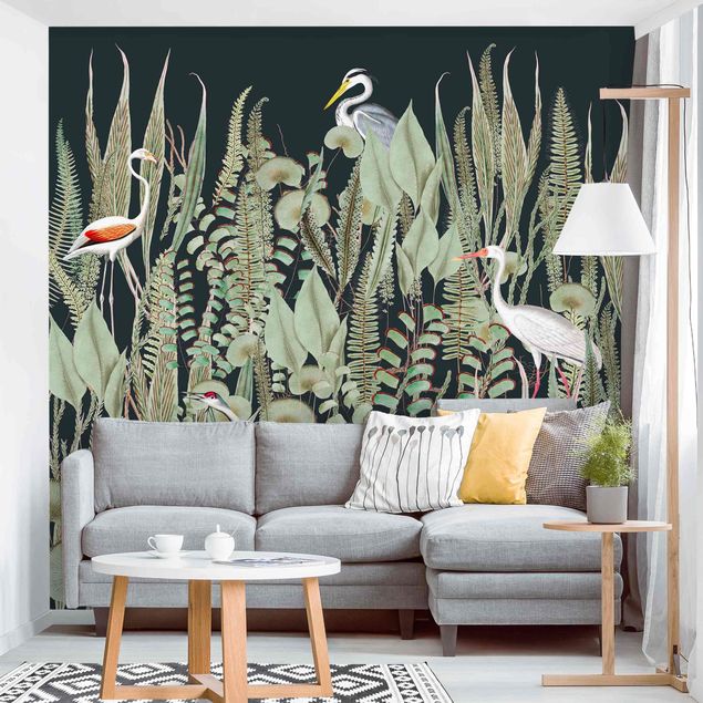 Fotobehang Flamingo And Stork With Plants On Green