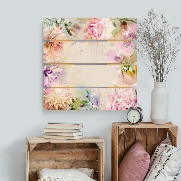 Houten schilderijen op plank Watercolour Flower Mix Pastel