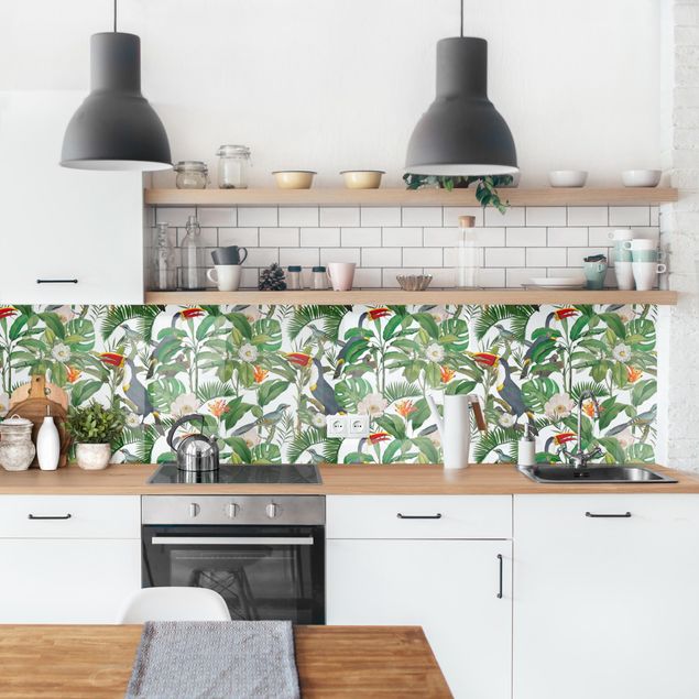 Achterwand voor keuken patroon Tropical Toucan With Monstera And Palm Leaves II