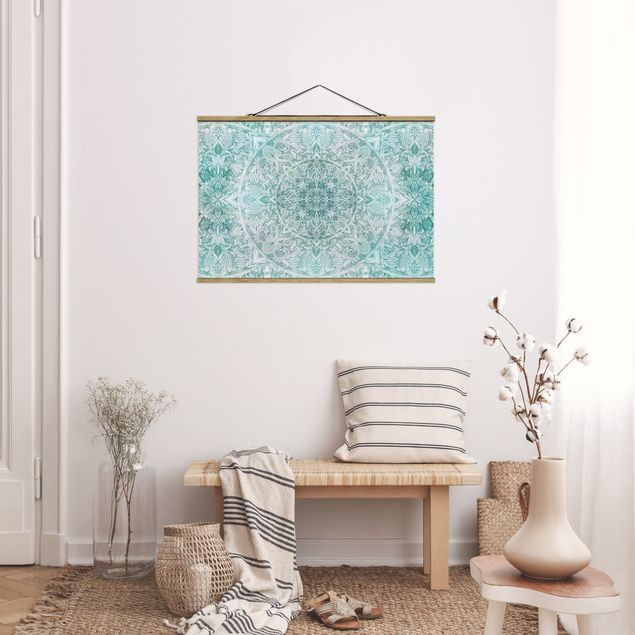 Stoffen schilderij met posterlijst Mandala Watercolour Ornament Pattern Turquoise