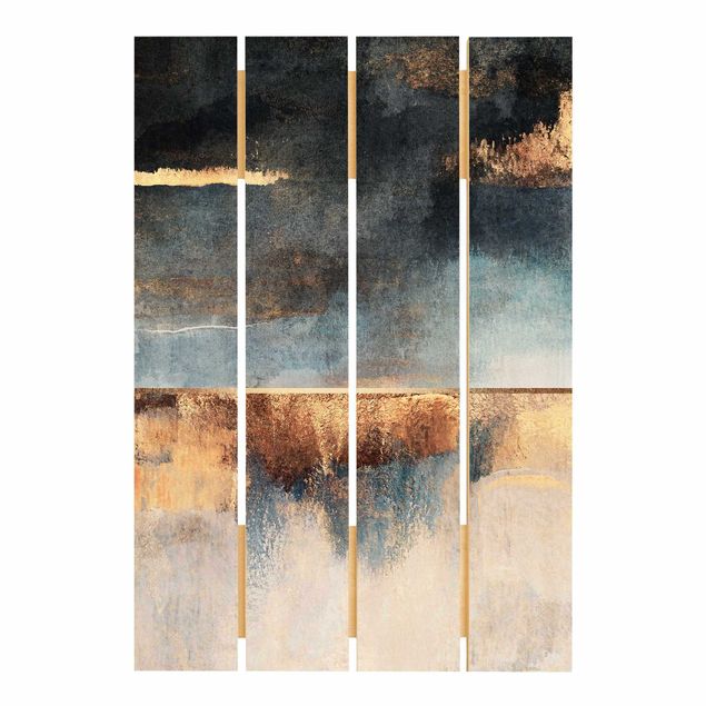 Houten schilderijen op plank Abstract Lakeshore In Gold
