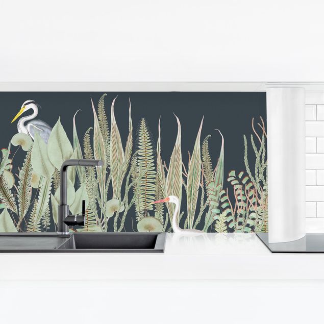 Achterwand voor keuken dieren Flamingo And Stork With Plants On Green