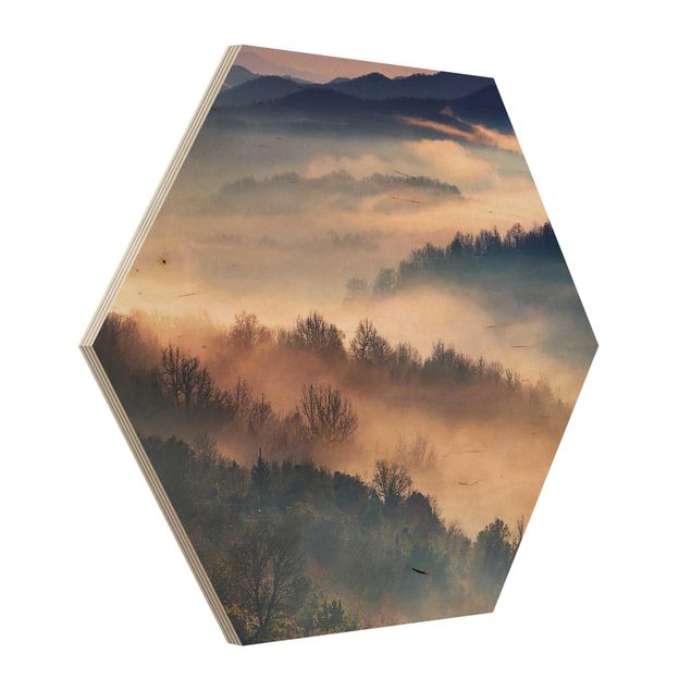 Hexagons houten schilderijen Fog At Sunset