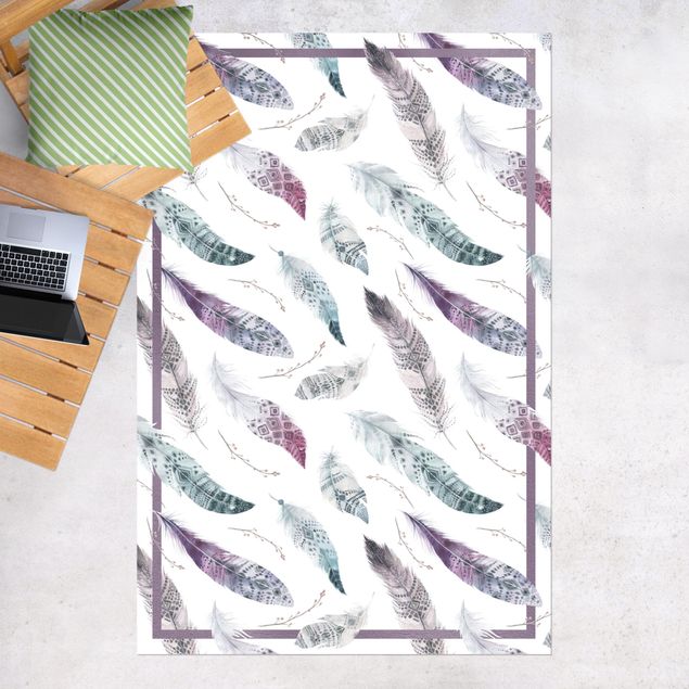 buitenkleed balkon Boho Watercolour Feathers In Aubergine And Petrol Colour With Frame