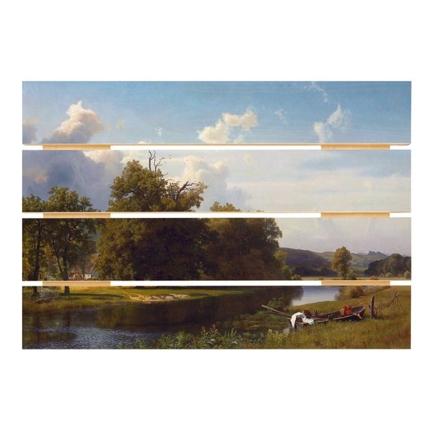 Houten schilderijen op plank Albert Bierstadt - A River Landscape, Westphalia