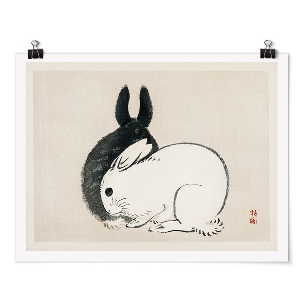 Posters Asian Vintage Drawing Two Bunnies