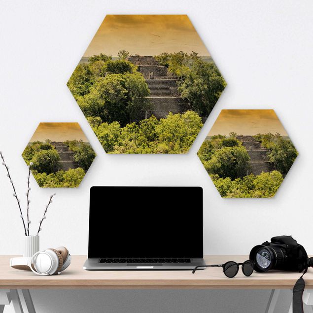 Hexagons houten schilderijen Pyramid of Calakmul