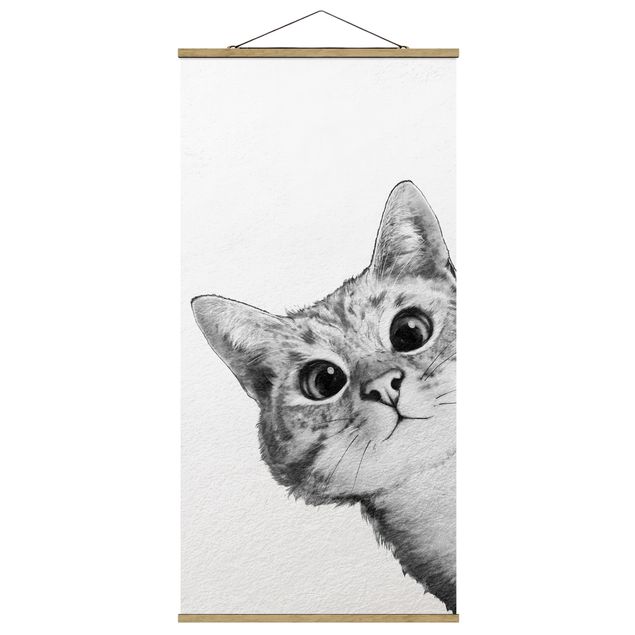 Stoffen schilderij met posterlijst Illustration Cat Drawing Black And White