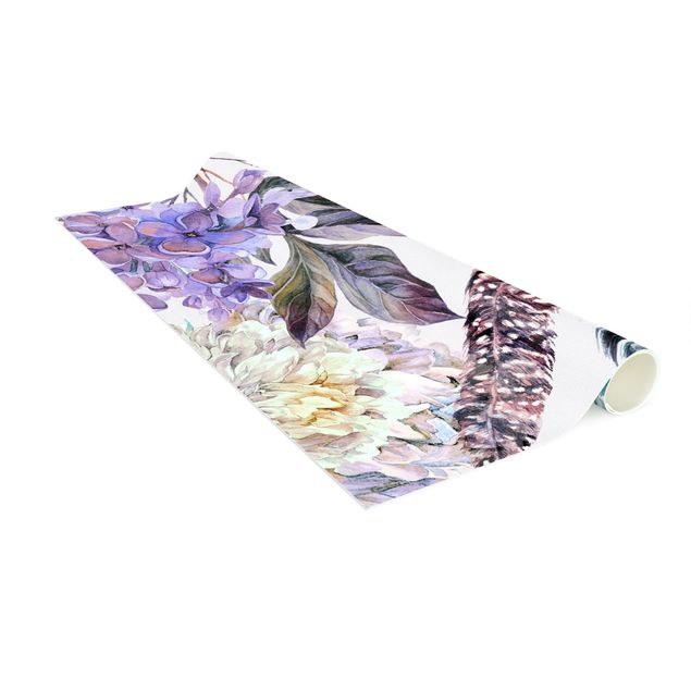 Vloerkleed pastel Delicate Watercolour Boho Flowers And Feathers Pattern