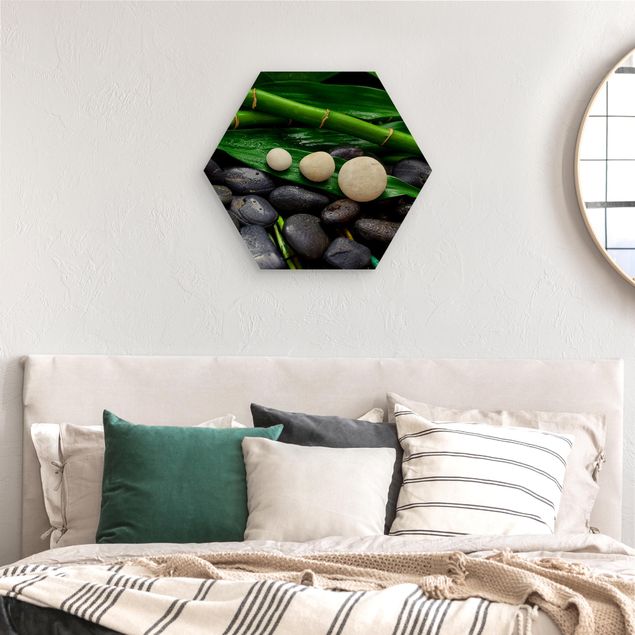 Hexagons houten schilderijen Green Bamboo With Zen Stones