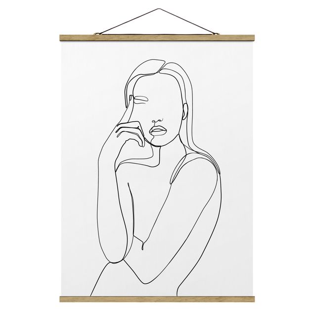 Stoffen schilderij met posterlijst Line Art Pensive Woman Black And White