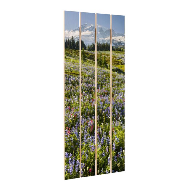 Houten schilderijen op plank - Mountain Meadow With Red Flowers in Front of Mt. Rainier