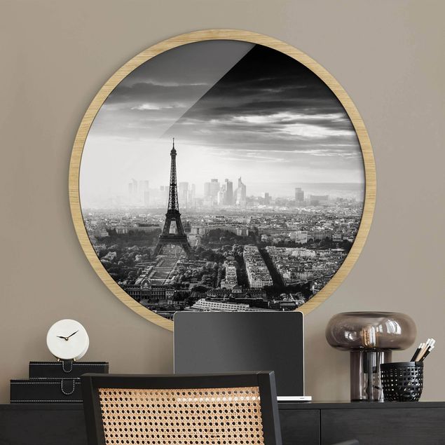 Rond schilderijen La torre Eiffel dall'alto in bianco e nero