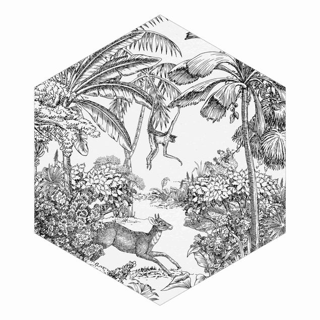 Hexagon Behang Detailed Drawing Of Jungle