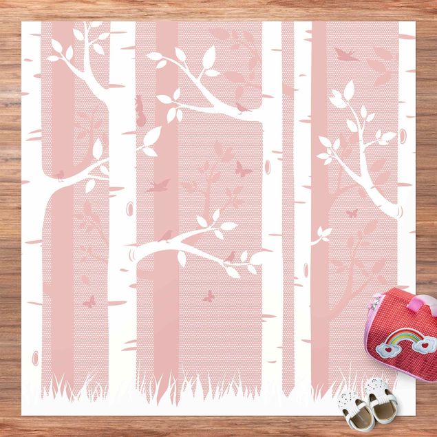 tapijt modern Pink Birch Forest With Butterflies And Birds