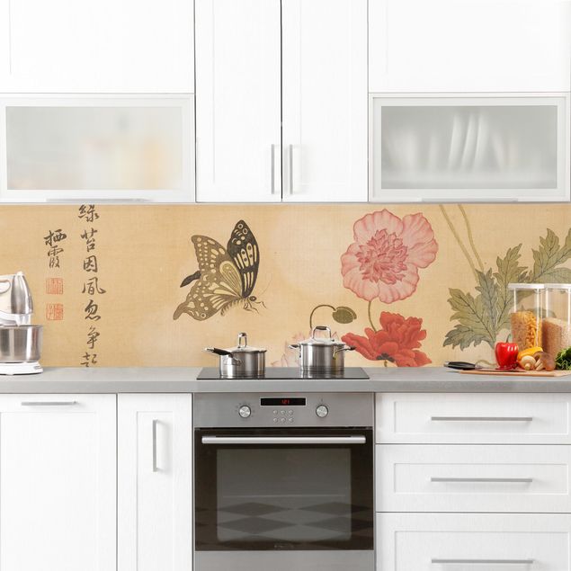 Achterwand voor keuken dieren Yuanyu Ma - Poppy Flower And Butterfly