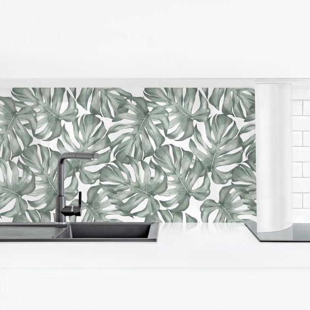 Achterwand voor keuken patroon Watercolour Monstera Leaves In Green