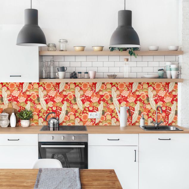 Achterwand voor keuken patroon Cranes And Chrysanthemums Red