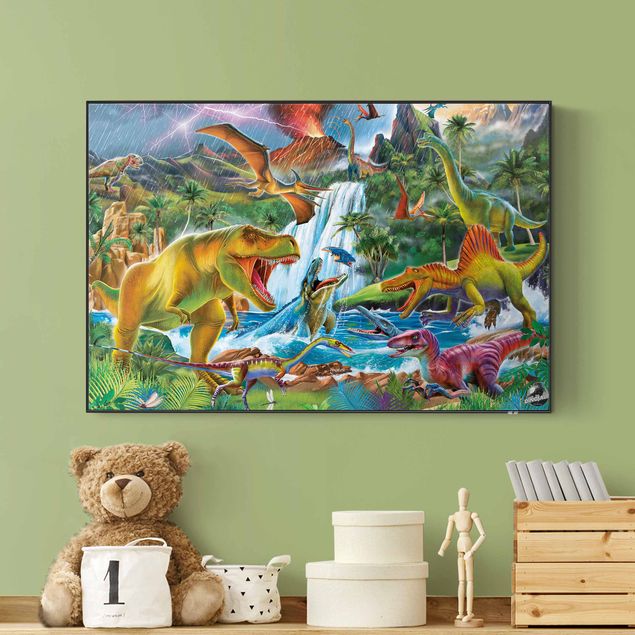 Akoestisch schilderij - Dinosaurs In A Prehistoric Storm