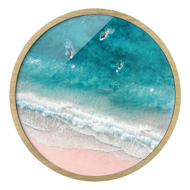 Rond schilderijen Three Surfers Paddling To The Shore