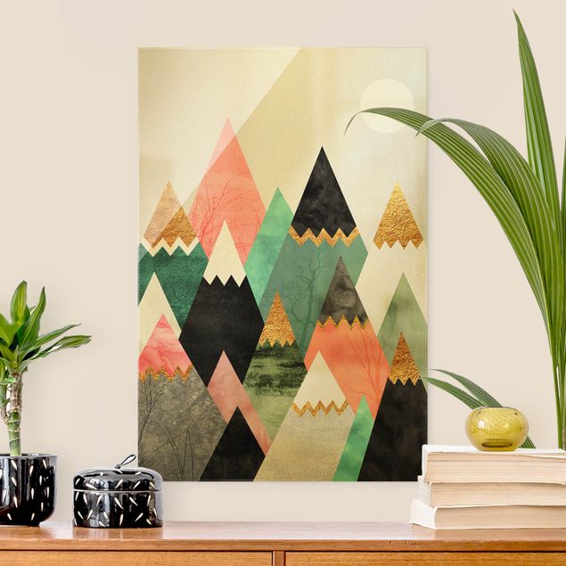 Glasschilderijen Triangular Mountains With Gold Tips